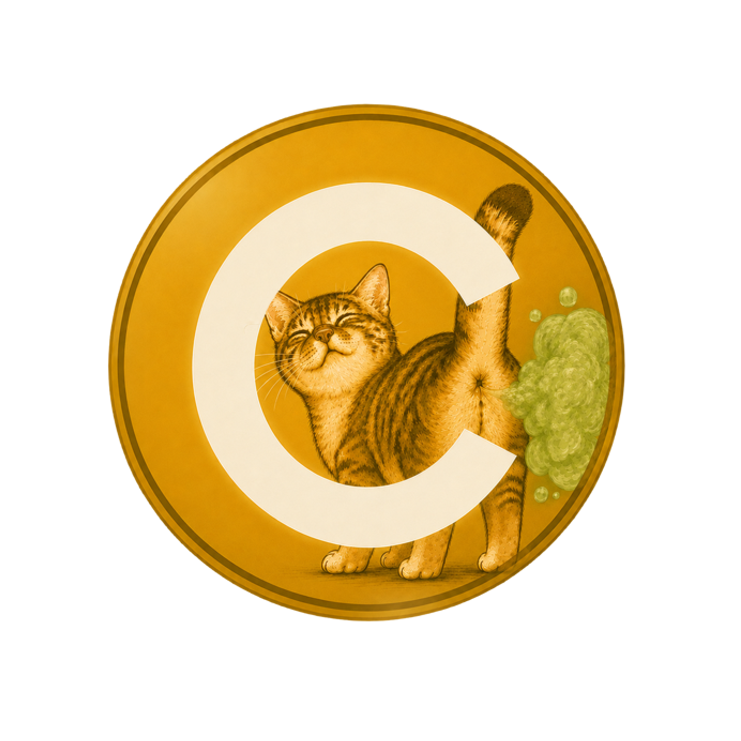 Fartcate coin: a proud tabby cat letting out a green cloud on a golden coin