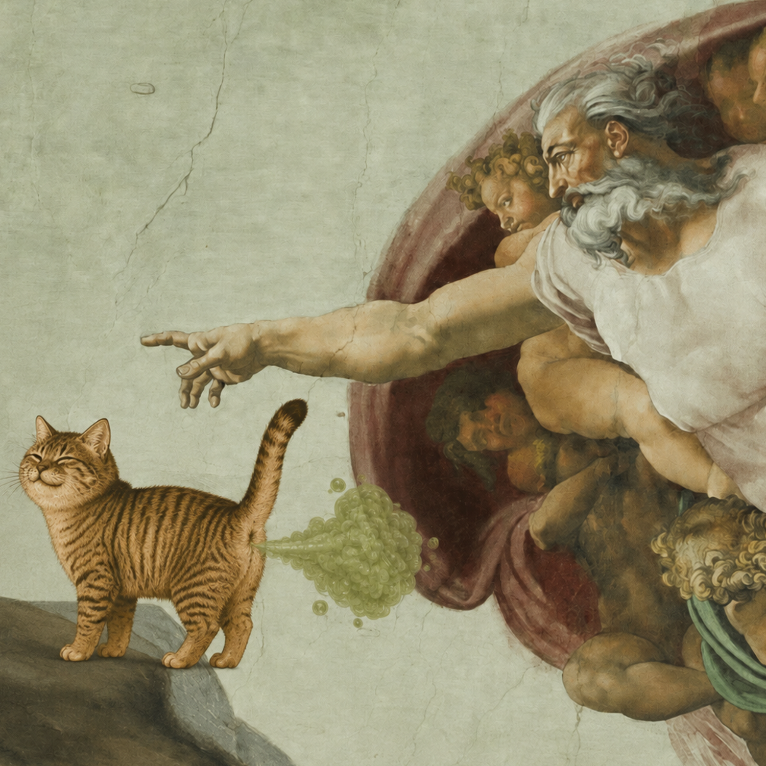 A tabby cat receiving a divine spark in a renaissance fresco, releasing a green cloud