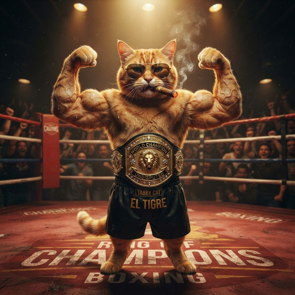 A giant tabby cat surrounded by kneeling warriors from different eras, glowing with light