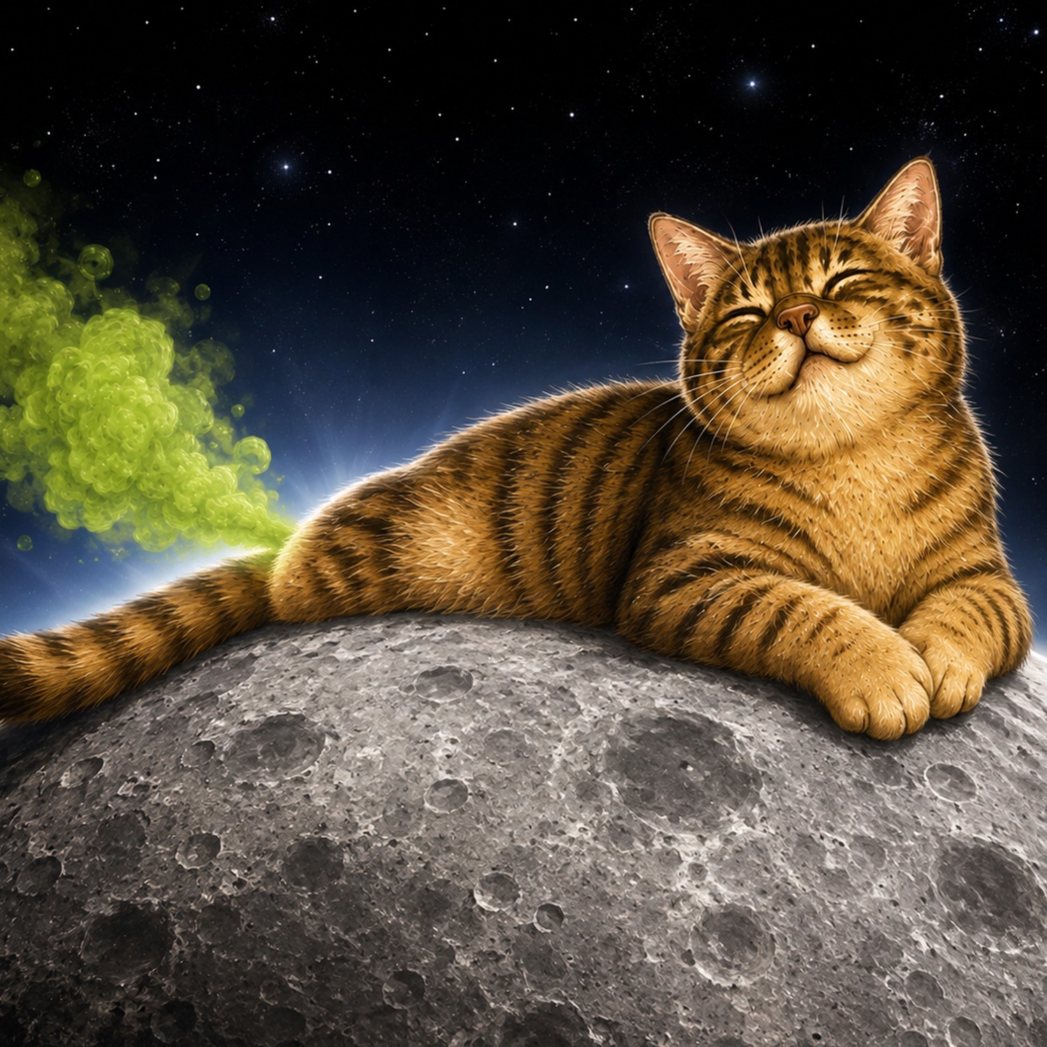 A tabby cat lounging on the moon, propelled by a green cloud with earth in the background